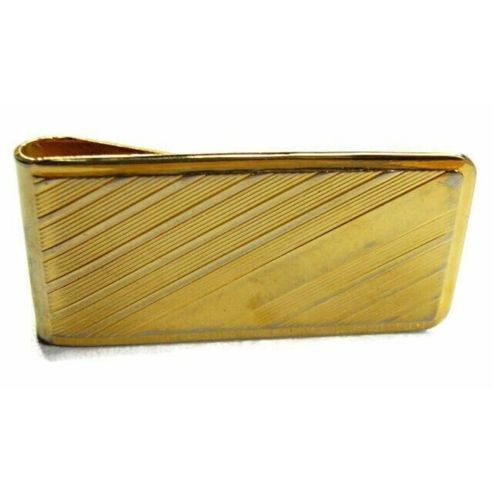 Money Clip Etched Diagonal Lines Gold Tone Wallet Credit Card Cash ID Holder